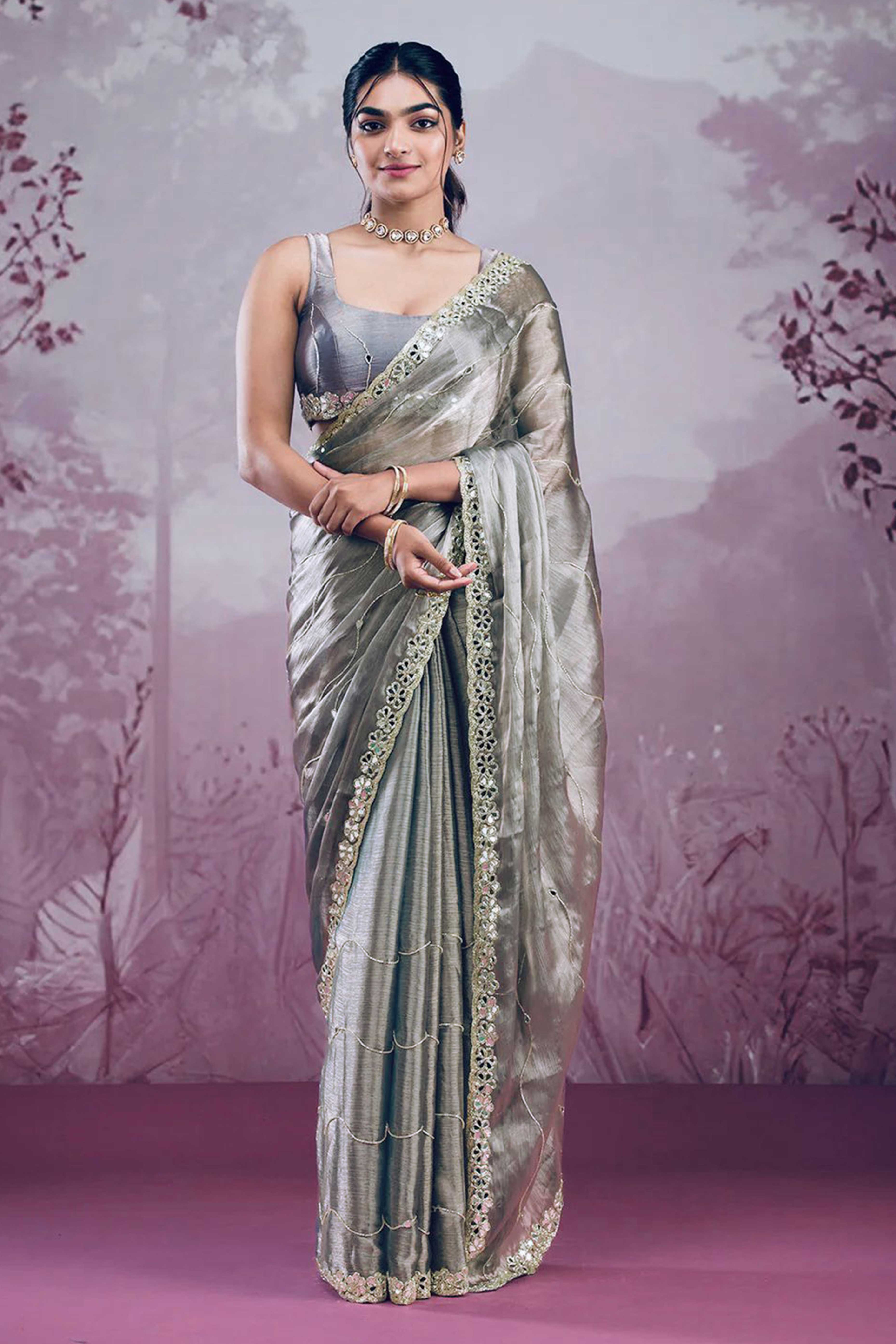 Grey Art Silk Saree Highlighted with Embroidery & Mirror Detailing
