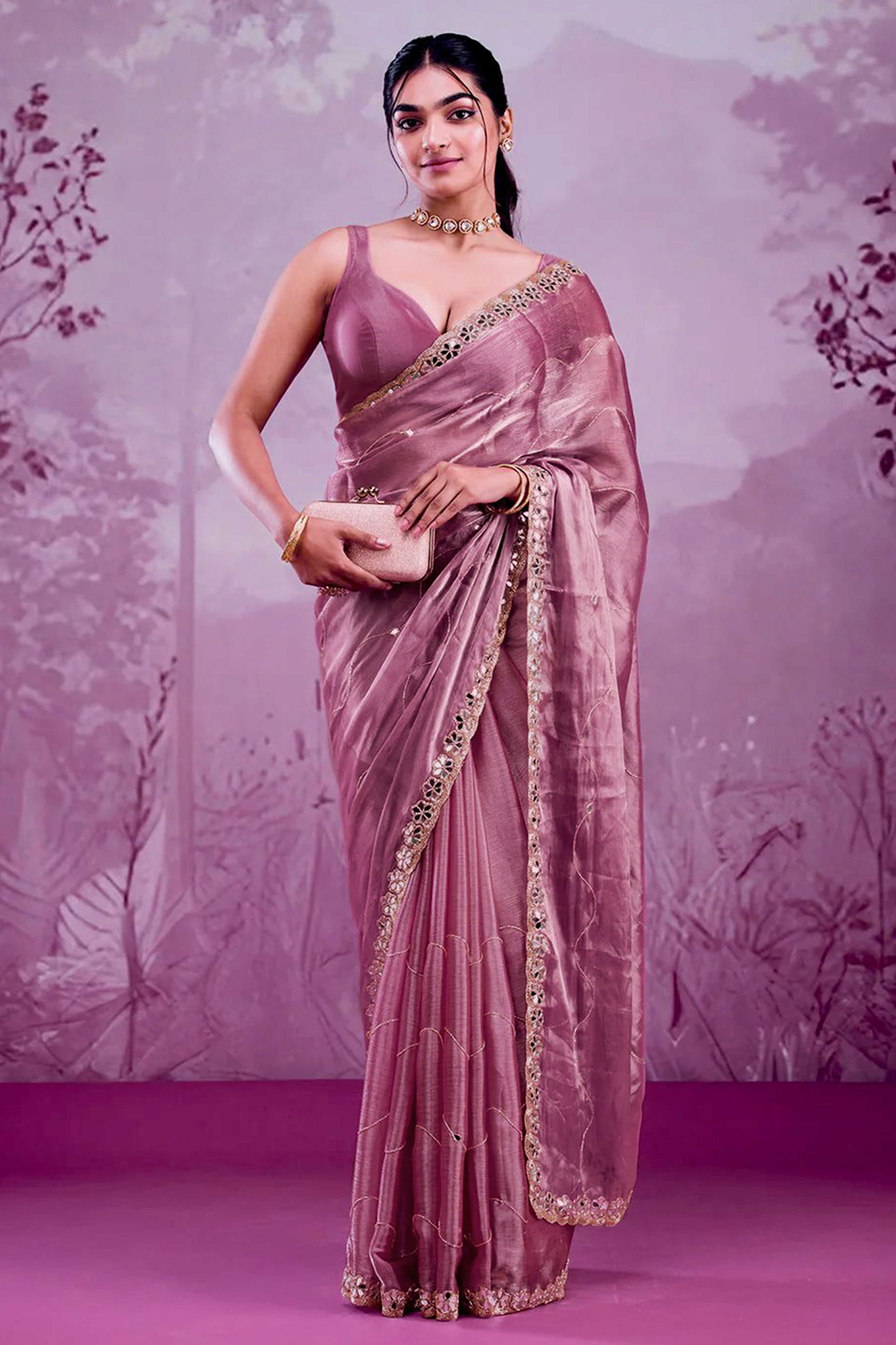 Mauve Art Silk Saree Highlighted with Embroidery & Mirror Detailing