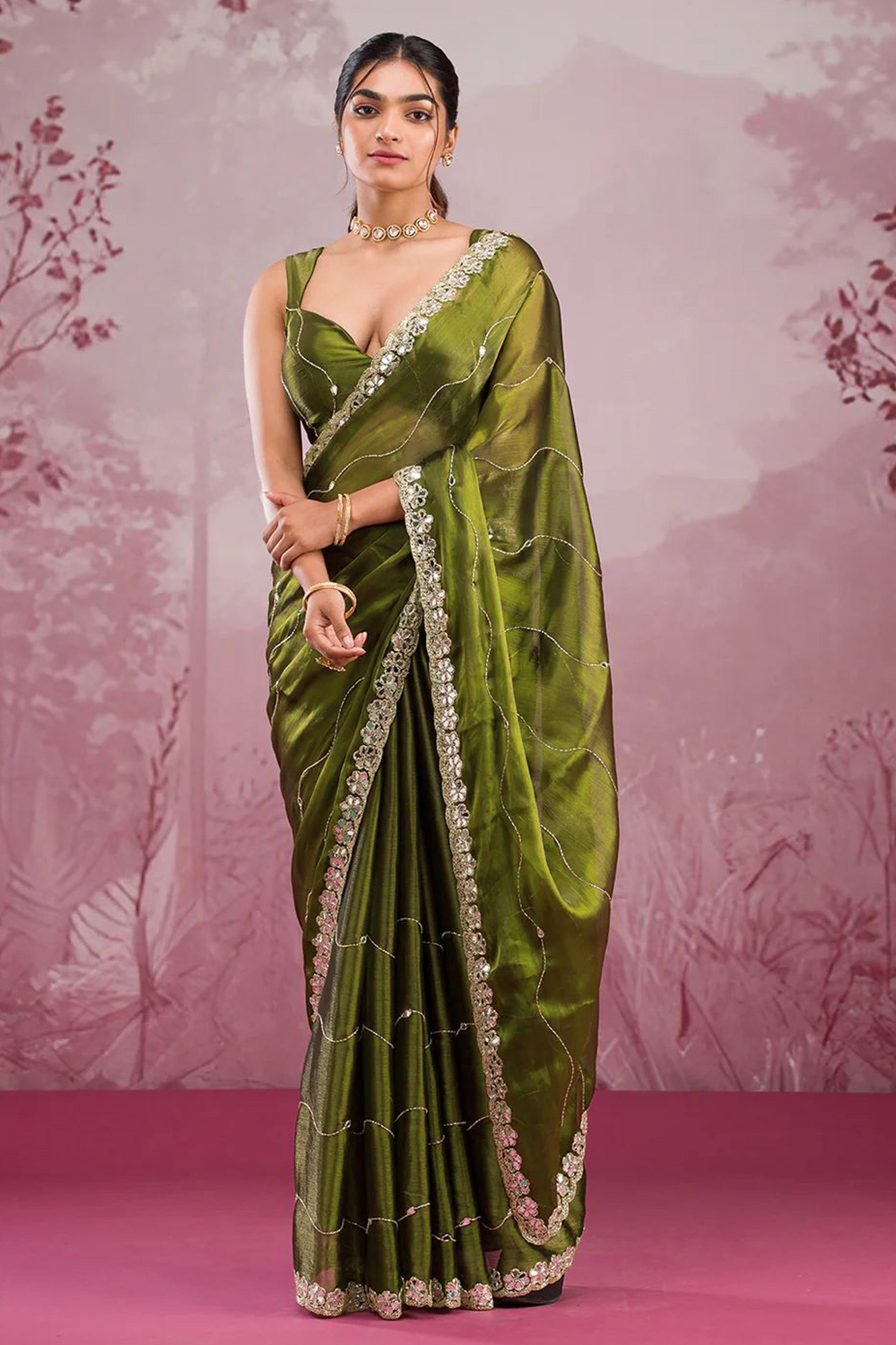 Olive Art Silk Saree Highlighted with Embroidery & Mirror Detailing