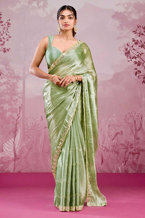 Pista Green Art Silk Saree Highlighted with Embroidery & Mirror Detailing