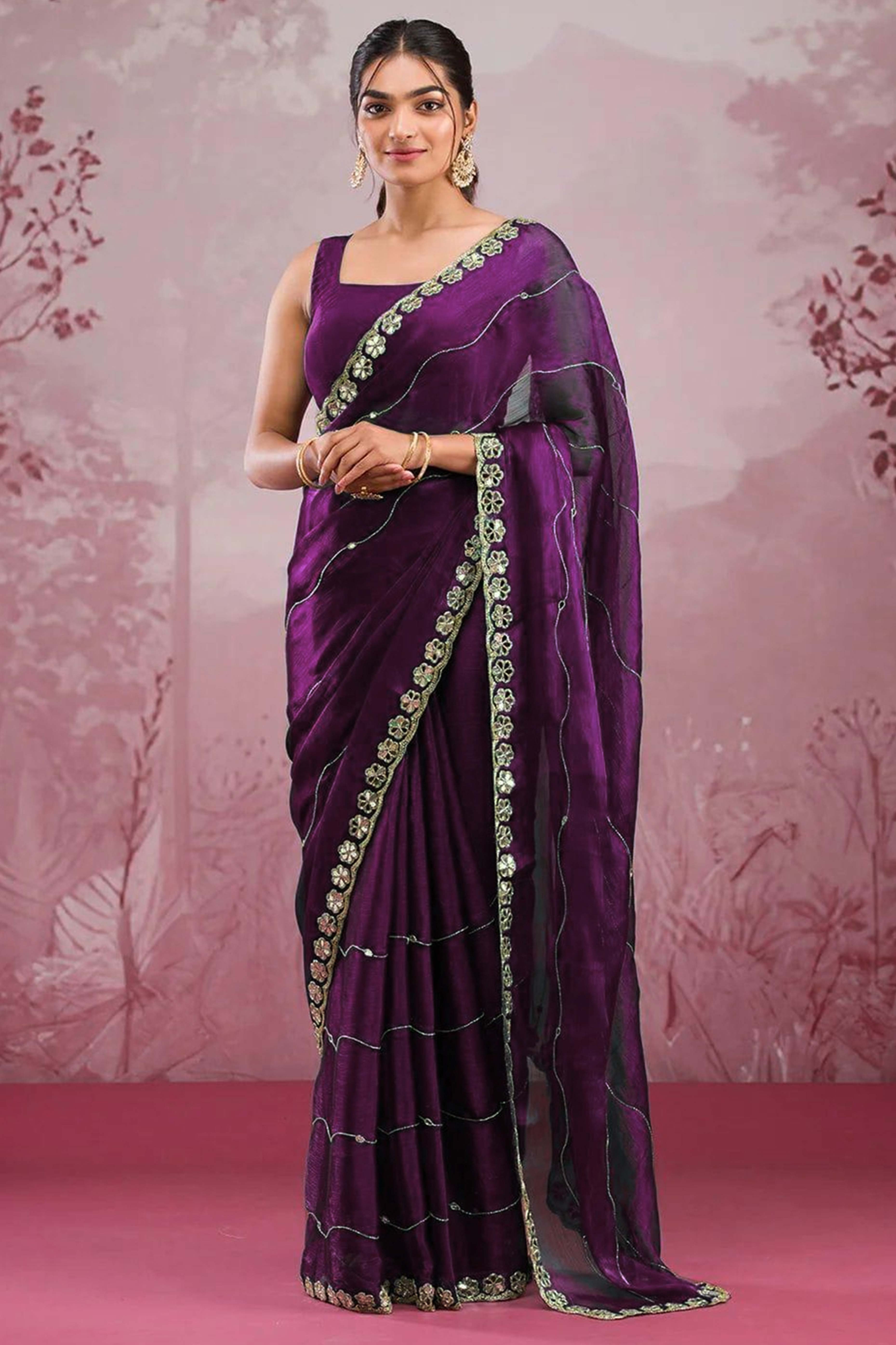 Purple Art Silk Saree Highlighted with Embroidery & Mirror Detailing
