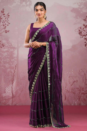 Purple Art Silk Saree Highlighted with Embroidery & Mirror Detailing