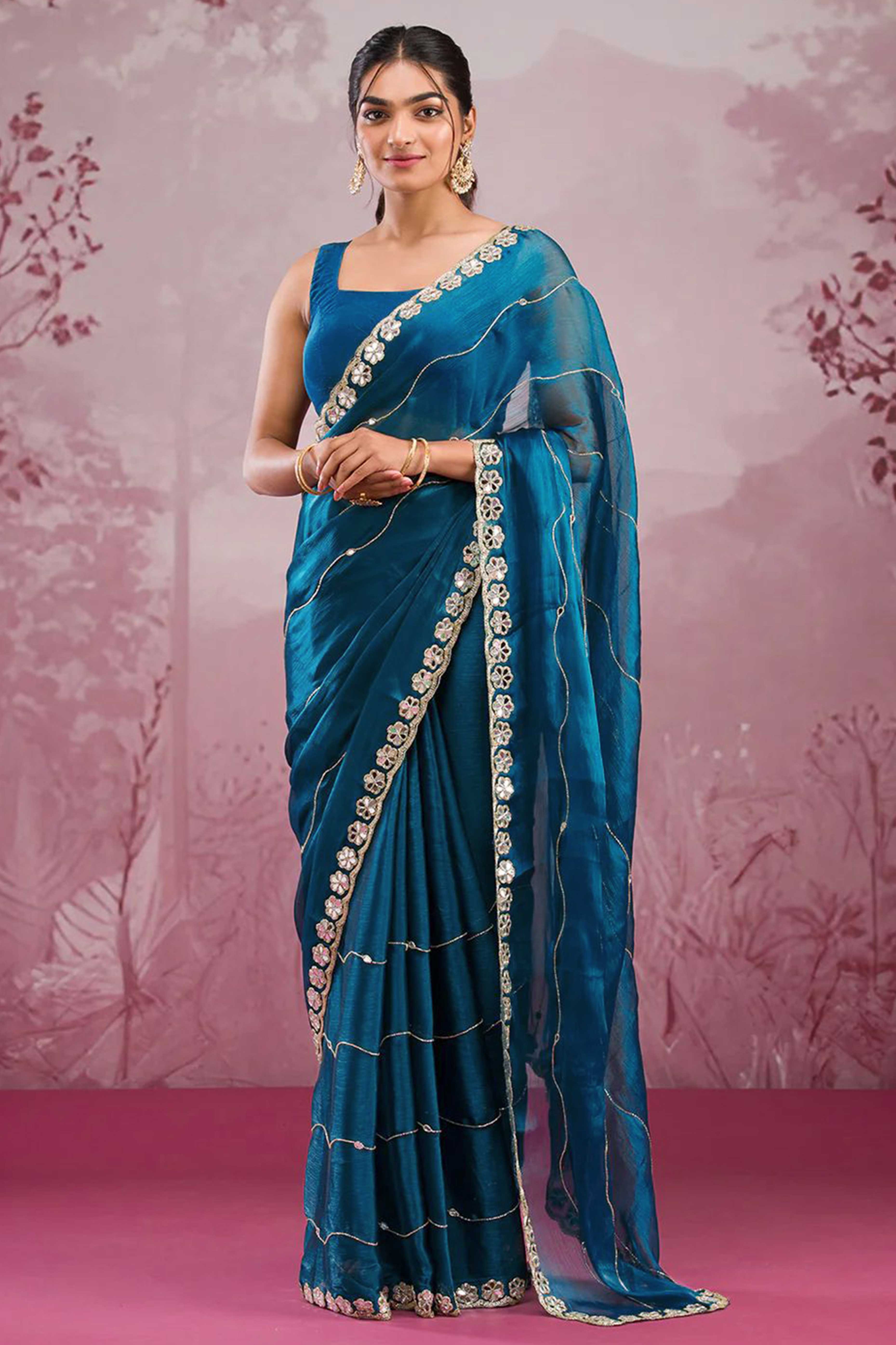 Teal Art Silk Saree Highlighted with Embroidery & Mirror Detailing