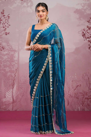 Teal Art Silk Saree Highlighted with Embroidery & Mirror Detailing