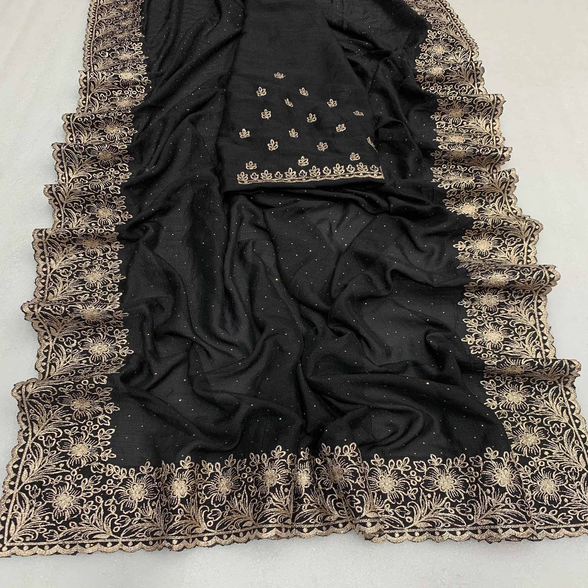 Black Embroidered With Swarovski Work Vichitra Silk Saree