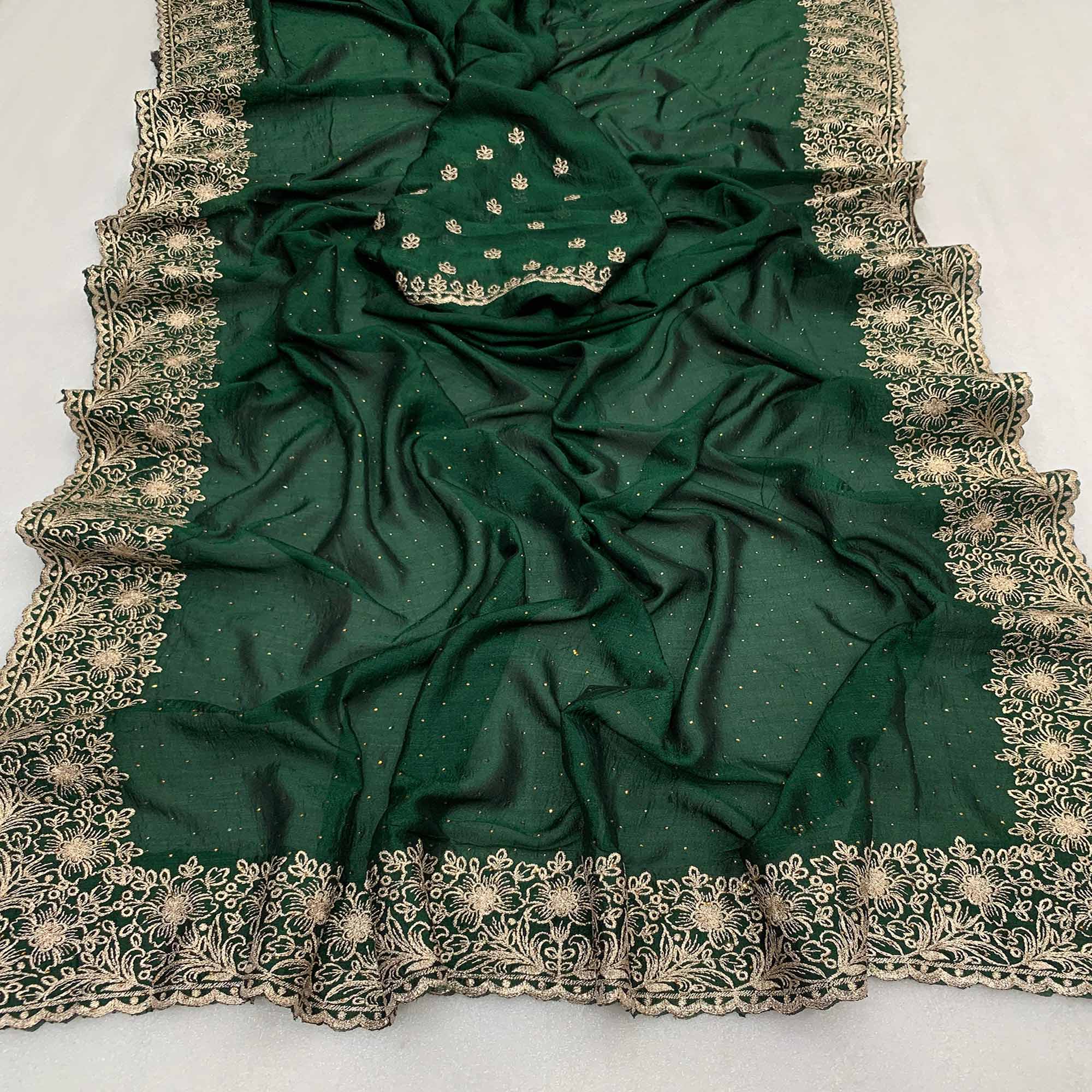 Green Embroidered With Swarovski Work Vichitra Silk Saree