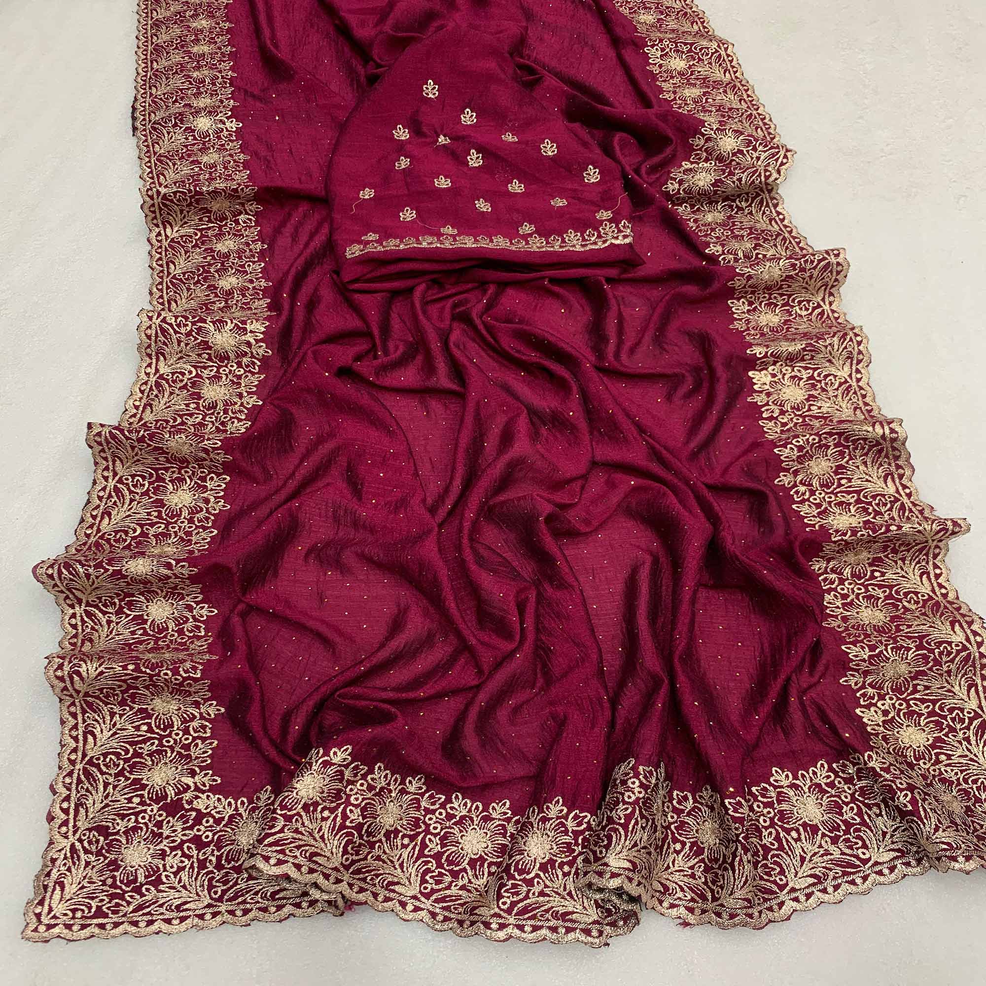 Maroon Embroidered With Swarovski Work Vichitra Silk Saree