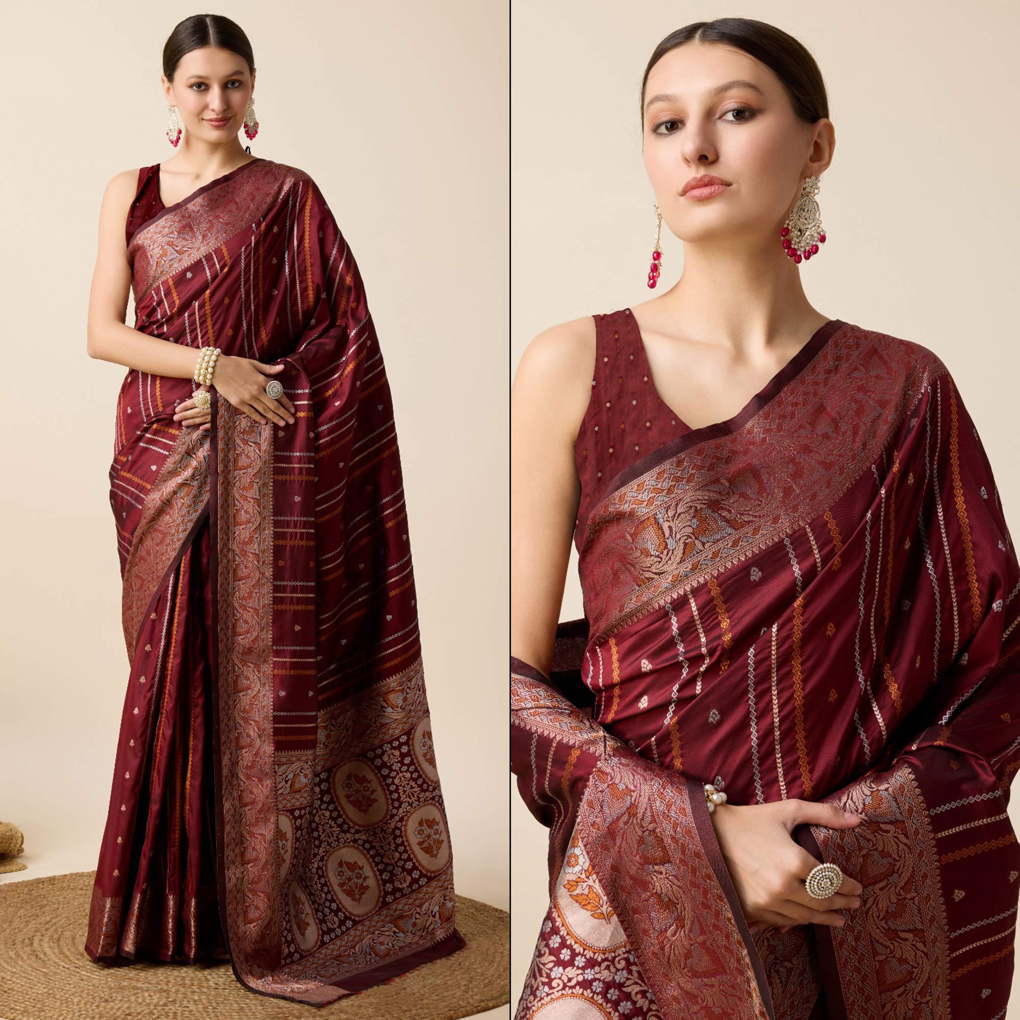 Maroon Floral Woven Pure Silk Saree