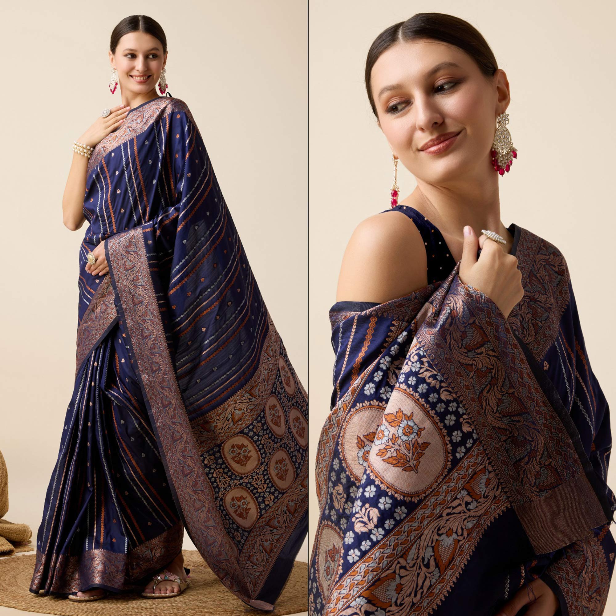 Navy Blue Floral Woven Pure Silk Saree