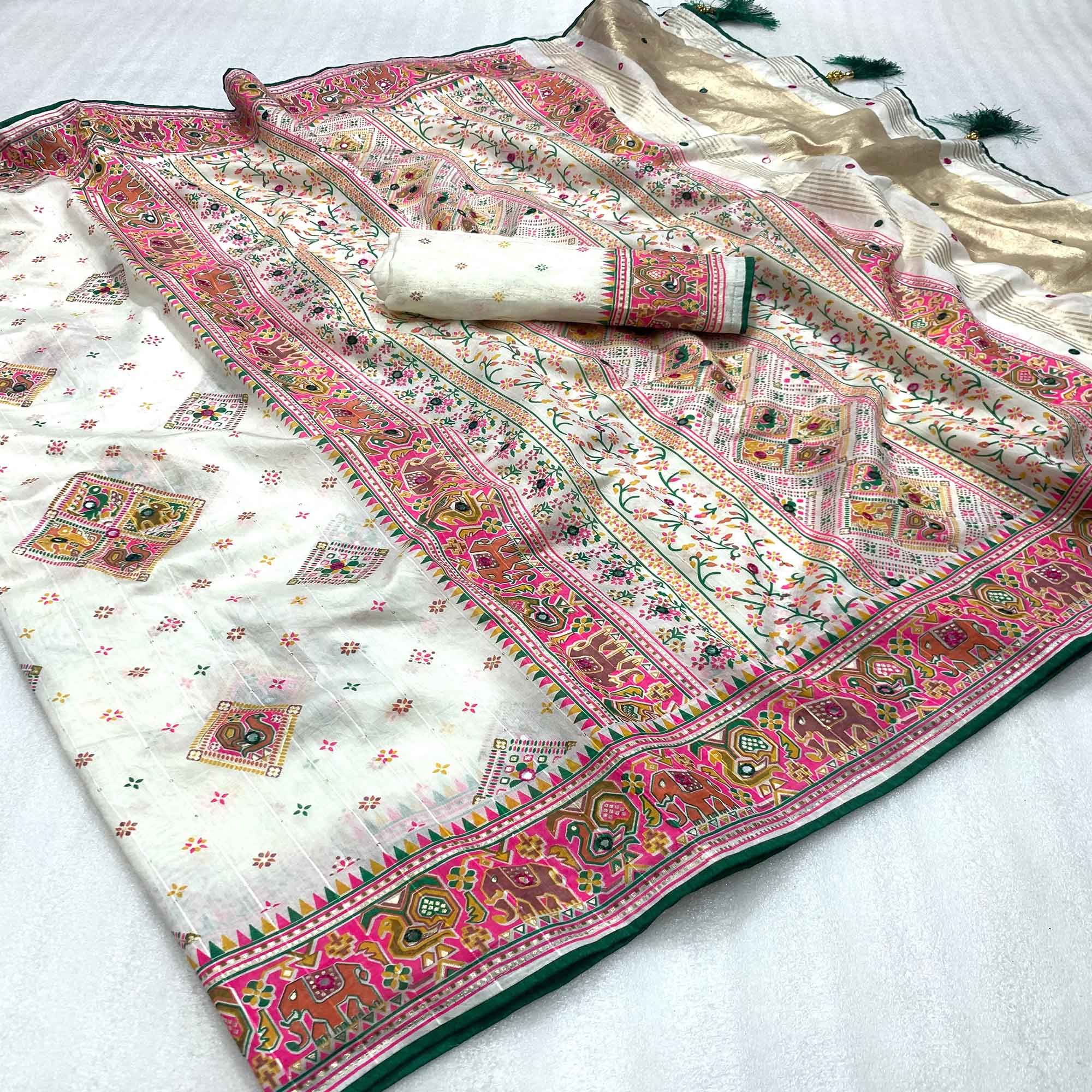 White Floral Printed Cotton Silk Patola Saree