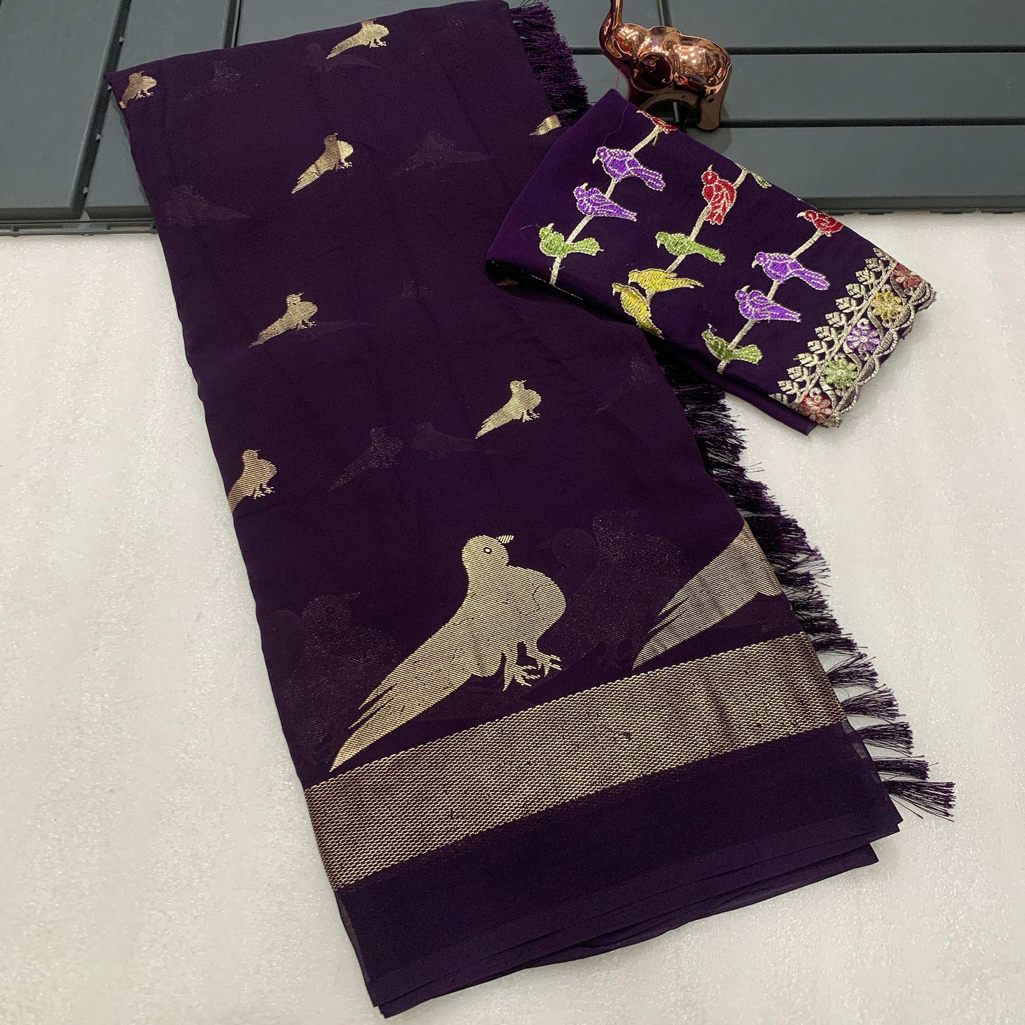 Purple Georgette Saree Adorned With Elegant Bird Embroidery