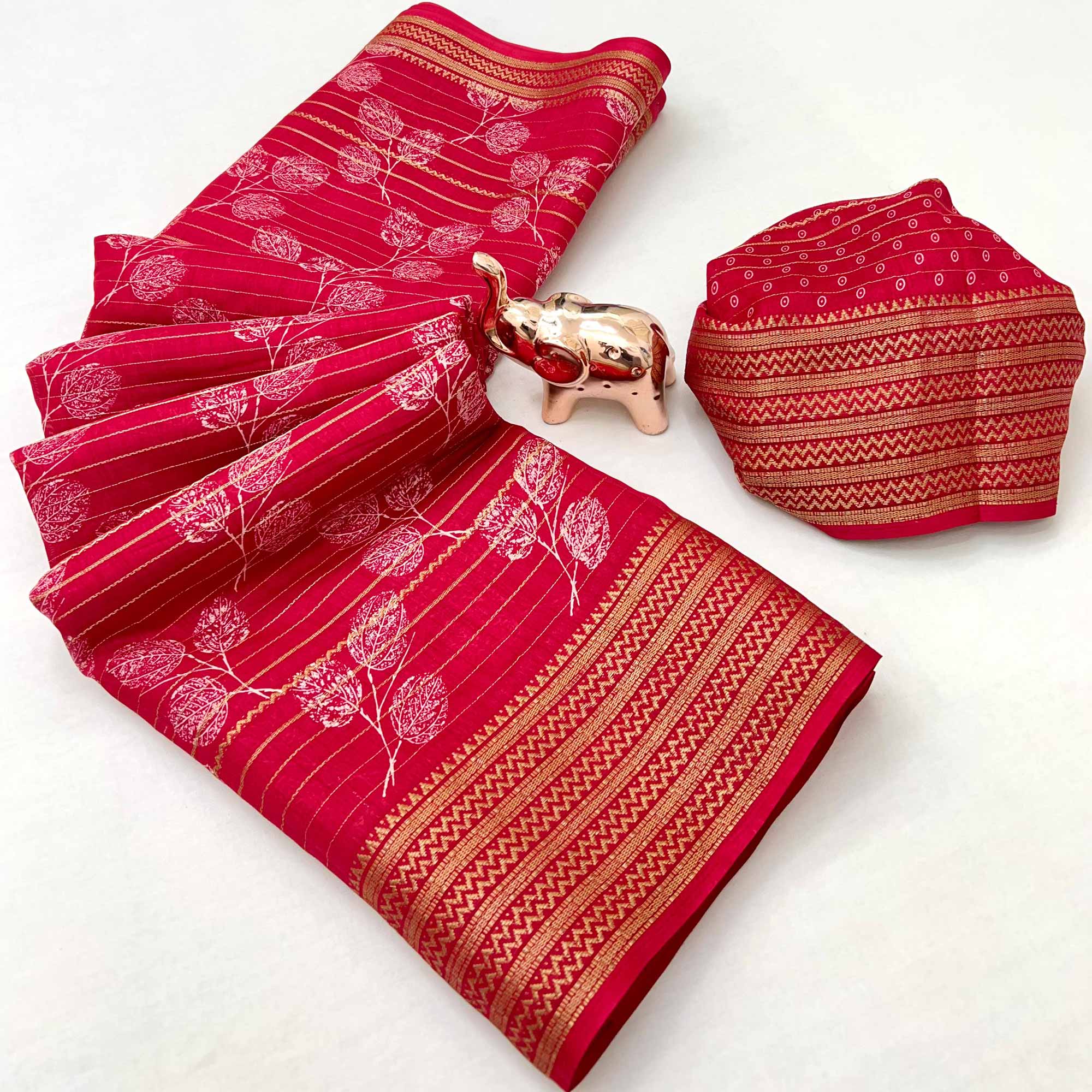 Elegant Cherry Red Floral & Striped Pattern Zari Weaving Dola Silk Saree