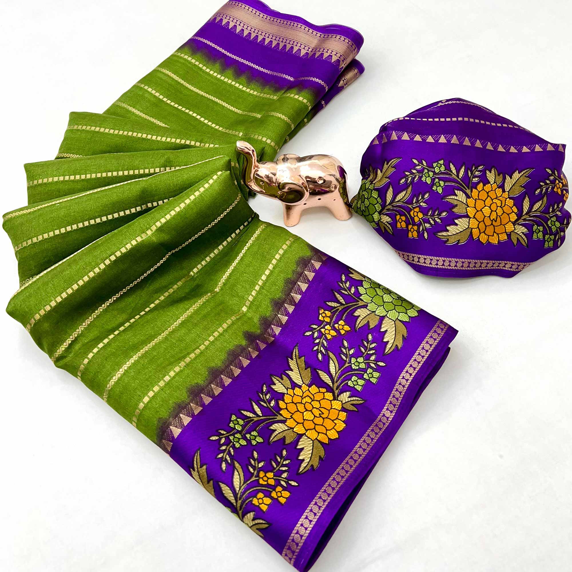 Elegant Green Floral & Striped Pattern Zari Weaving Dola Silk Saree