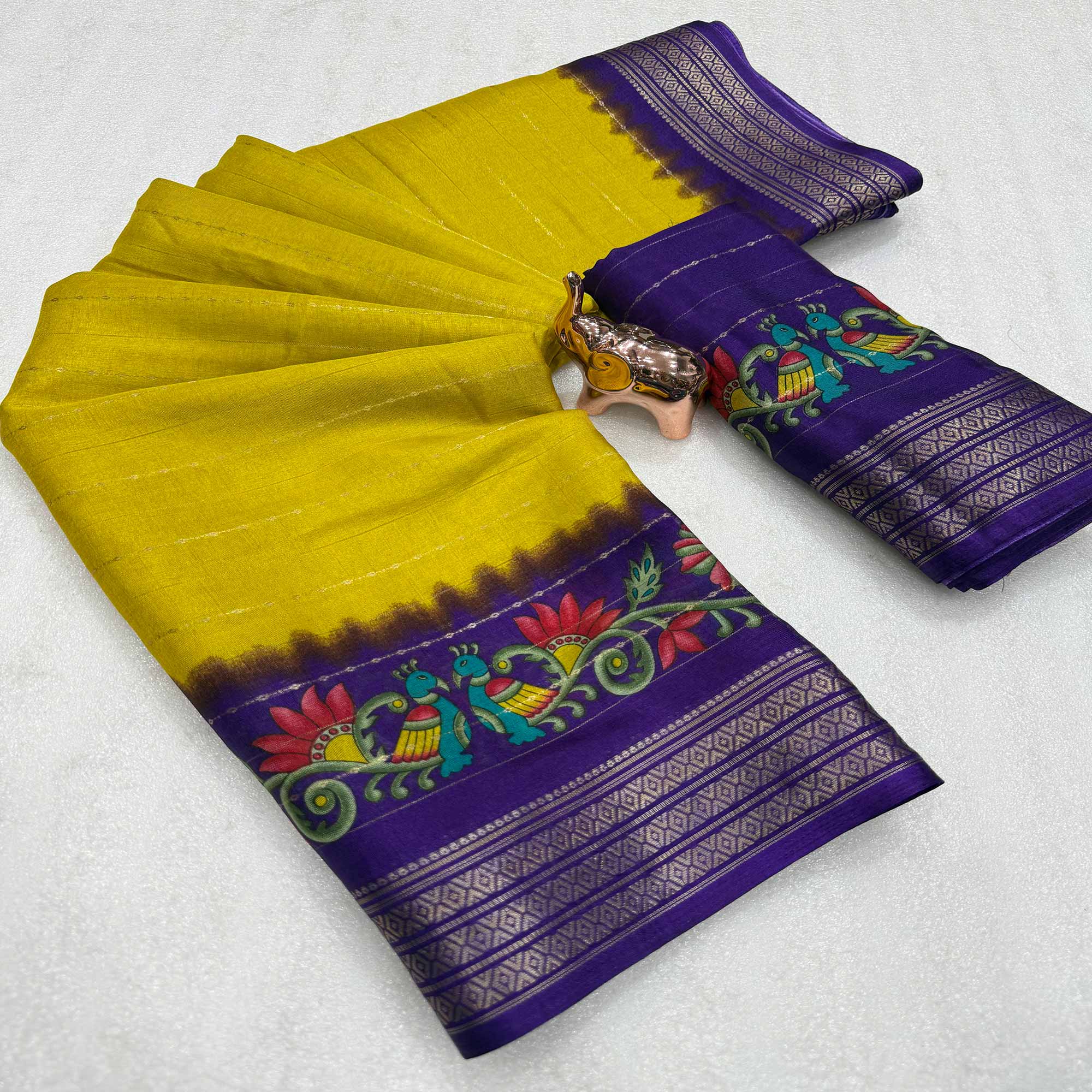 Elegant Lemon Yellow Floral & Striped Pattern Zari Weaving Dola Silk Saree