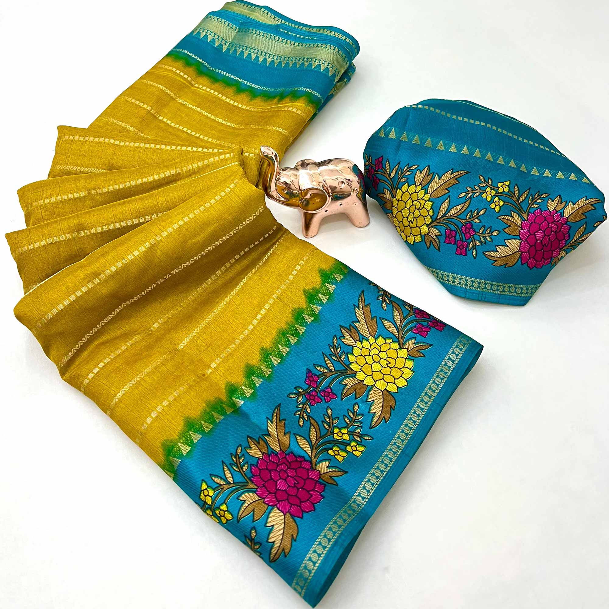 Elegant Mustard Floral & Striped Pattern Zari Weaving Dola Silk Saree
