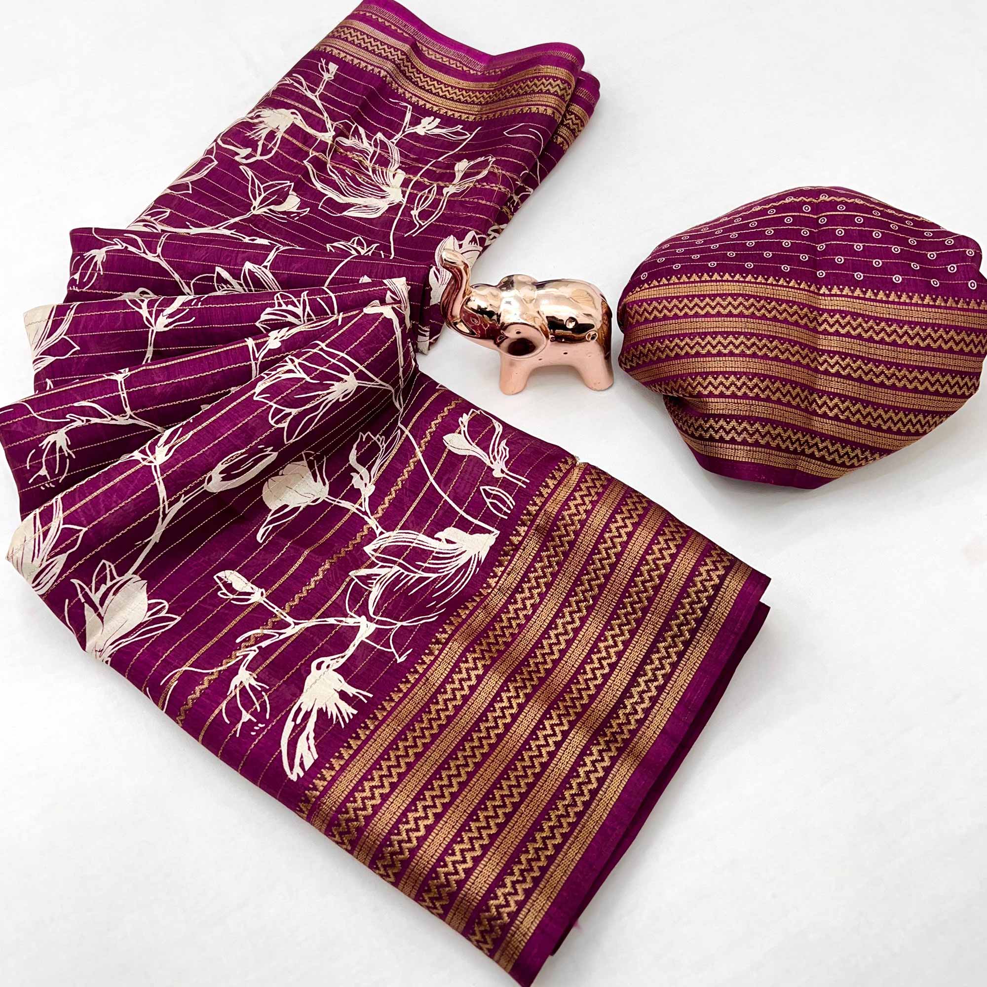 Elegant Wine Floral & Striped Pattern Zari Weaving Dola Silk Saree