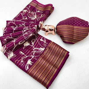 Elegant Wine Floral & Striped Pattern Zari Weaving Dola Silk Saree