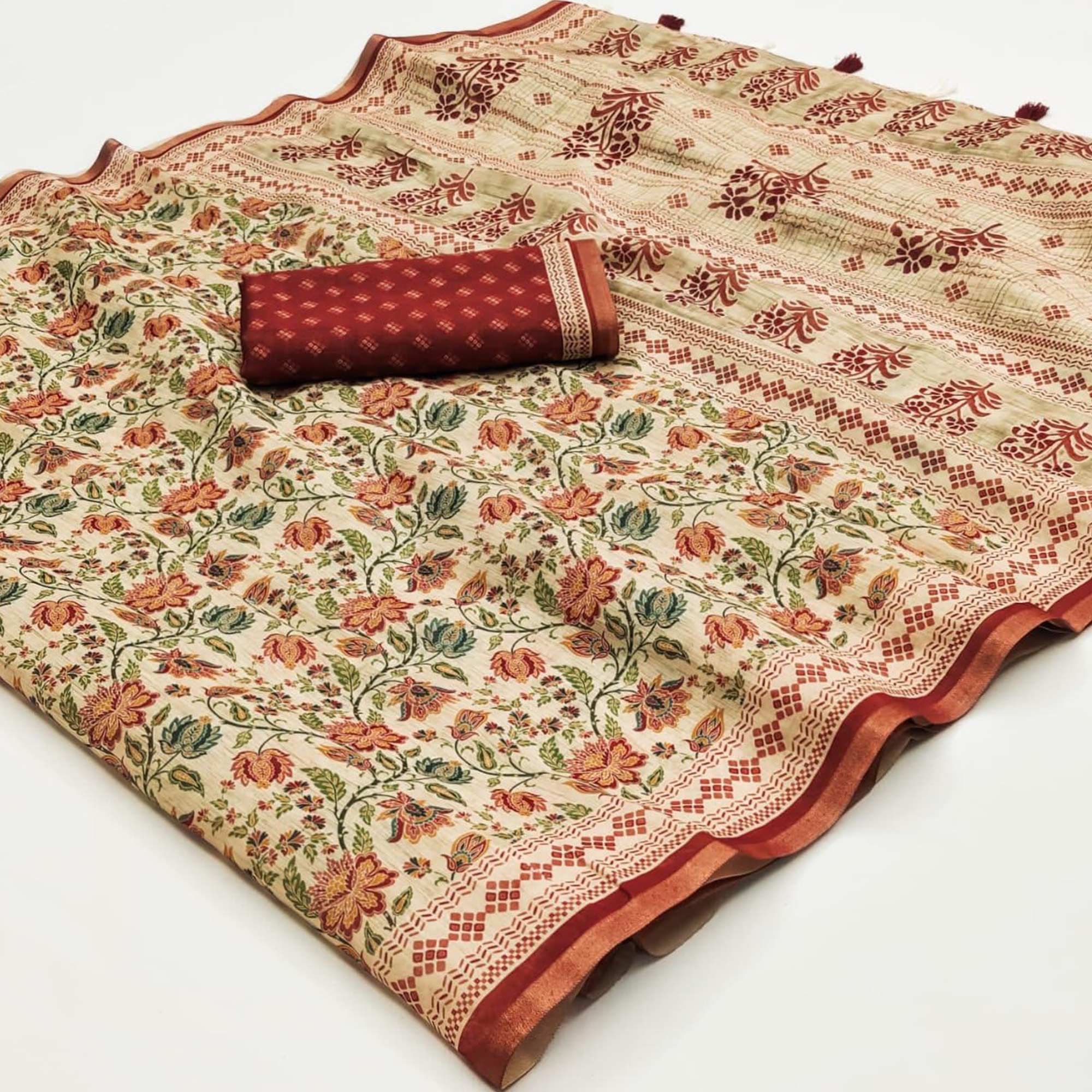 Beige Kalamkari Floral Printed Chanderi Saree