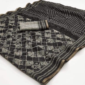 Black Kalamkari Floral Printed Chanderi Saree