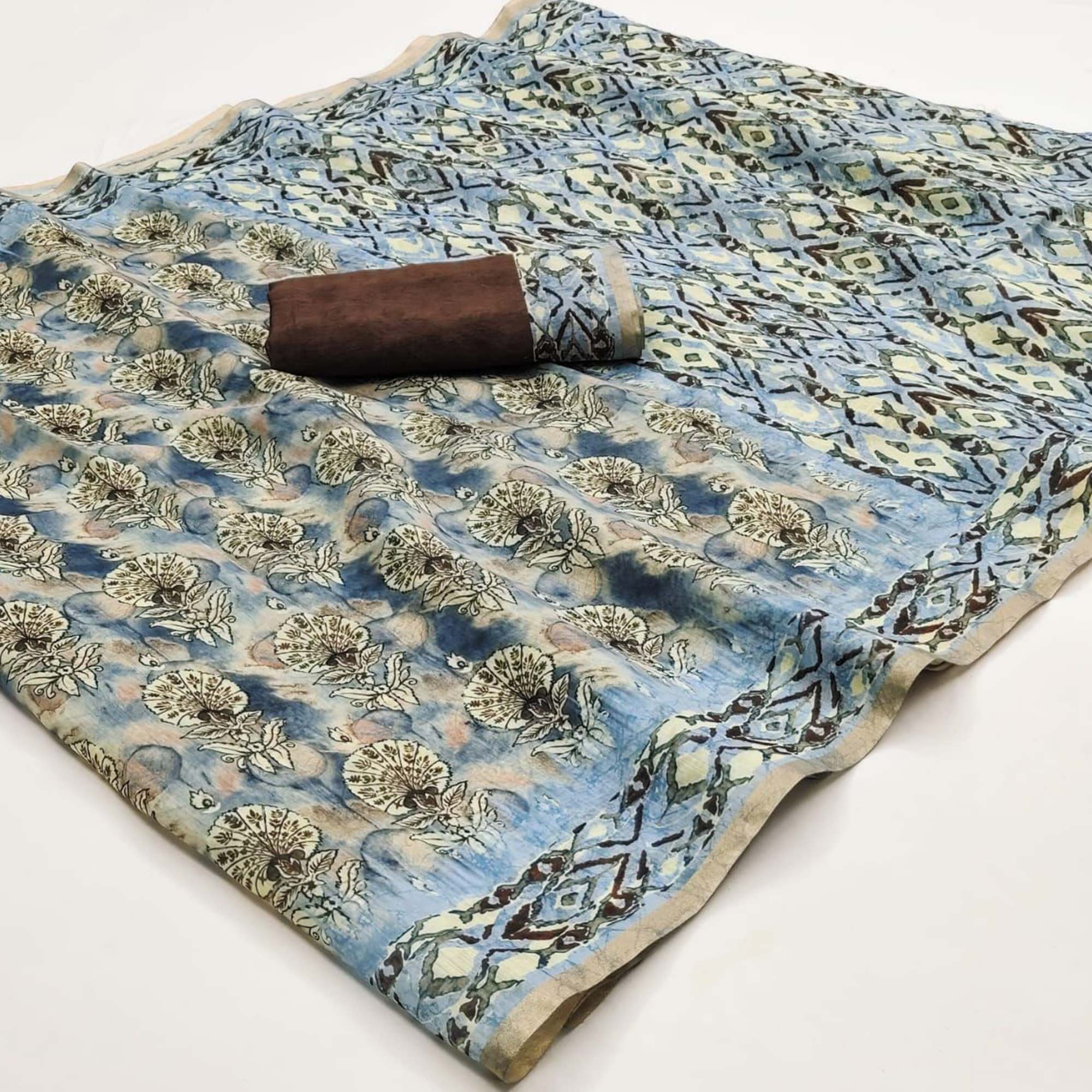 Sky Blue Kalamkari Floral Printed Chanderi Saree