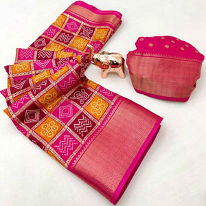Rani Pink Traditional Bandhani Foil Print Dola Silk Saree With Designer Jacquard Border