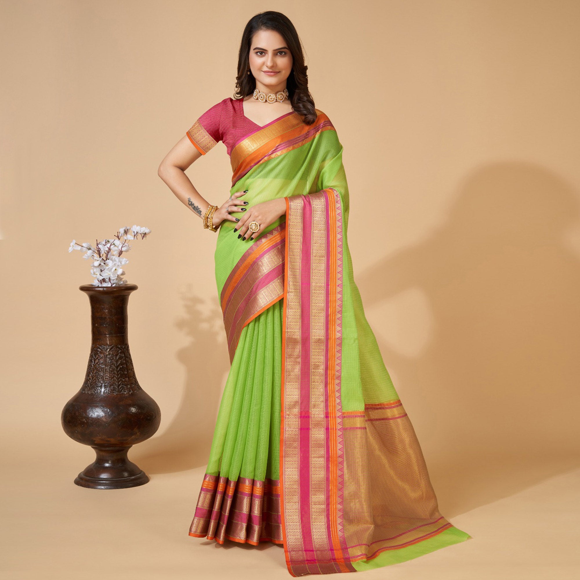 Green Woven Kota Doria Saree