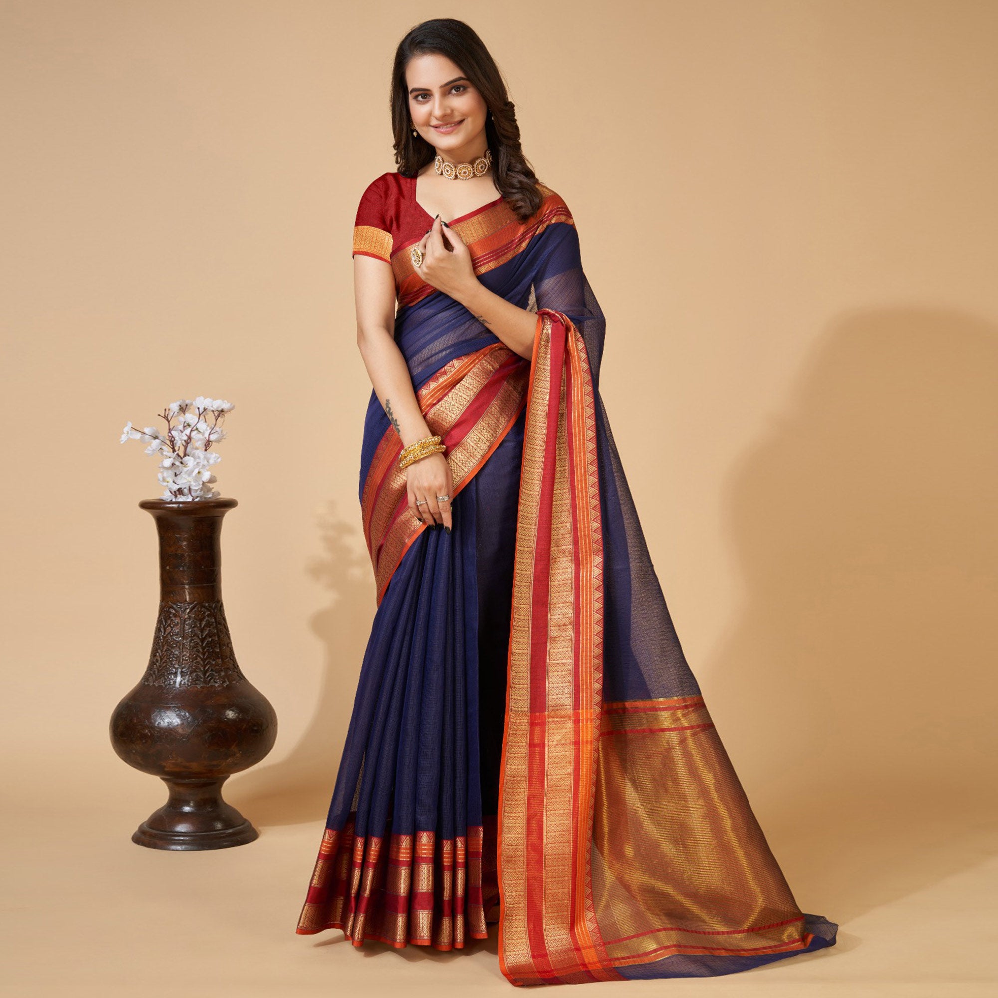 Navy Blue Woven Kota Doria Saree