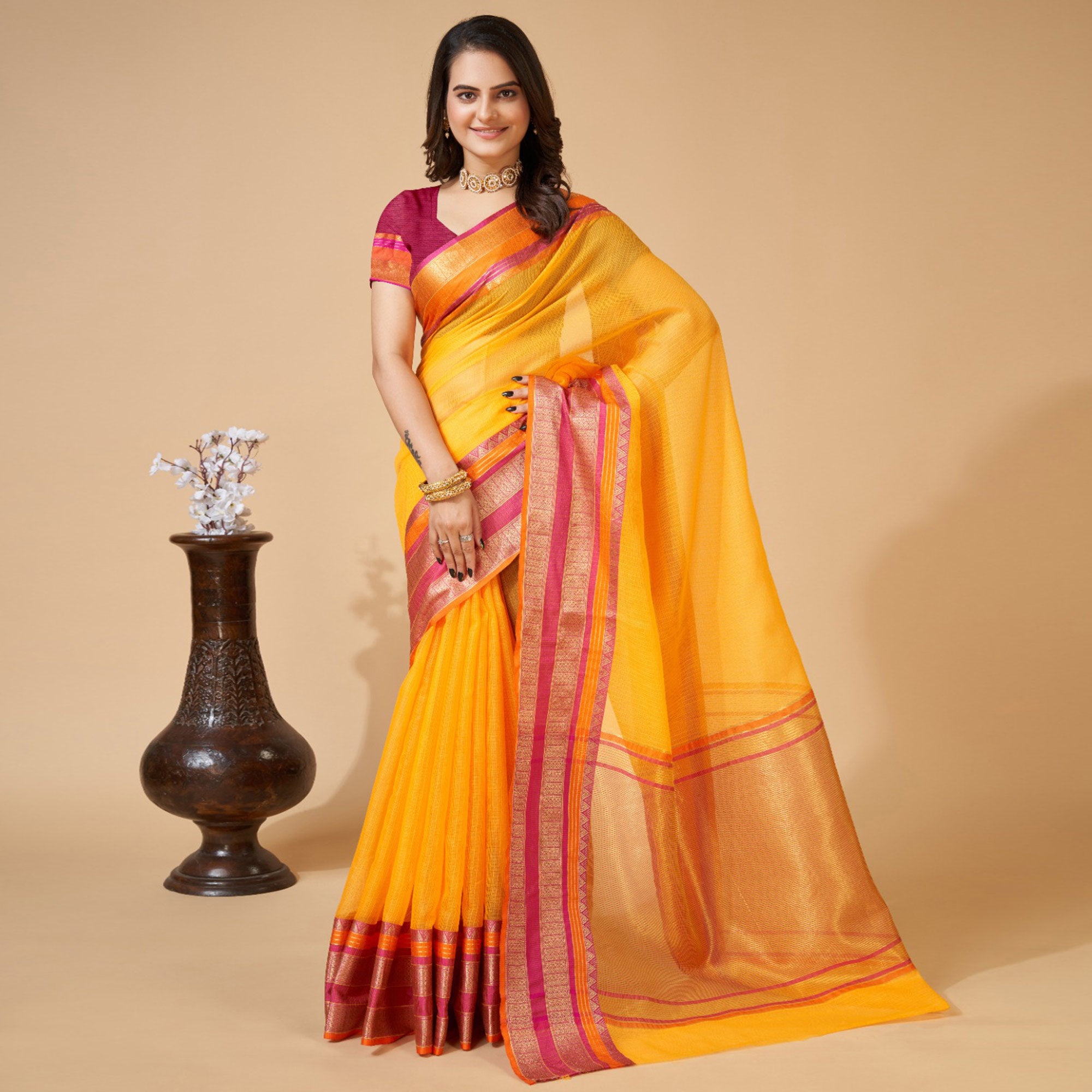 Yellow Woven Kota Doria Saree