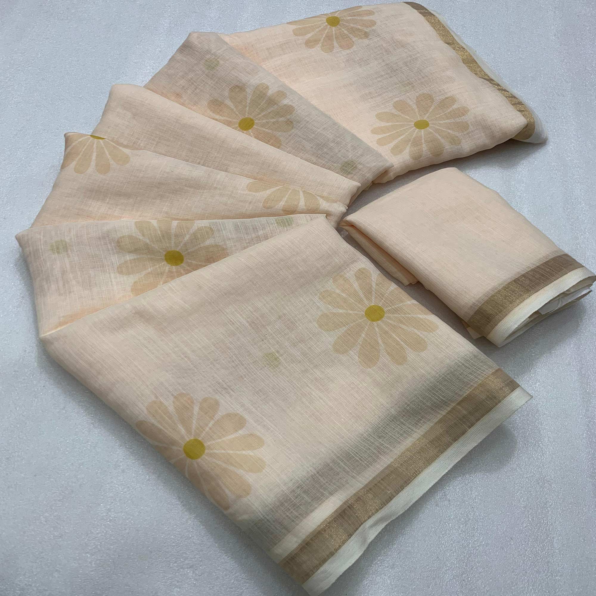 Cream Floral Printed Linen Silk Saree With Tassels