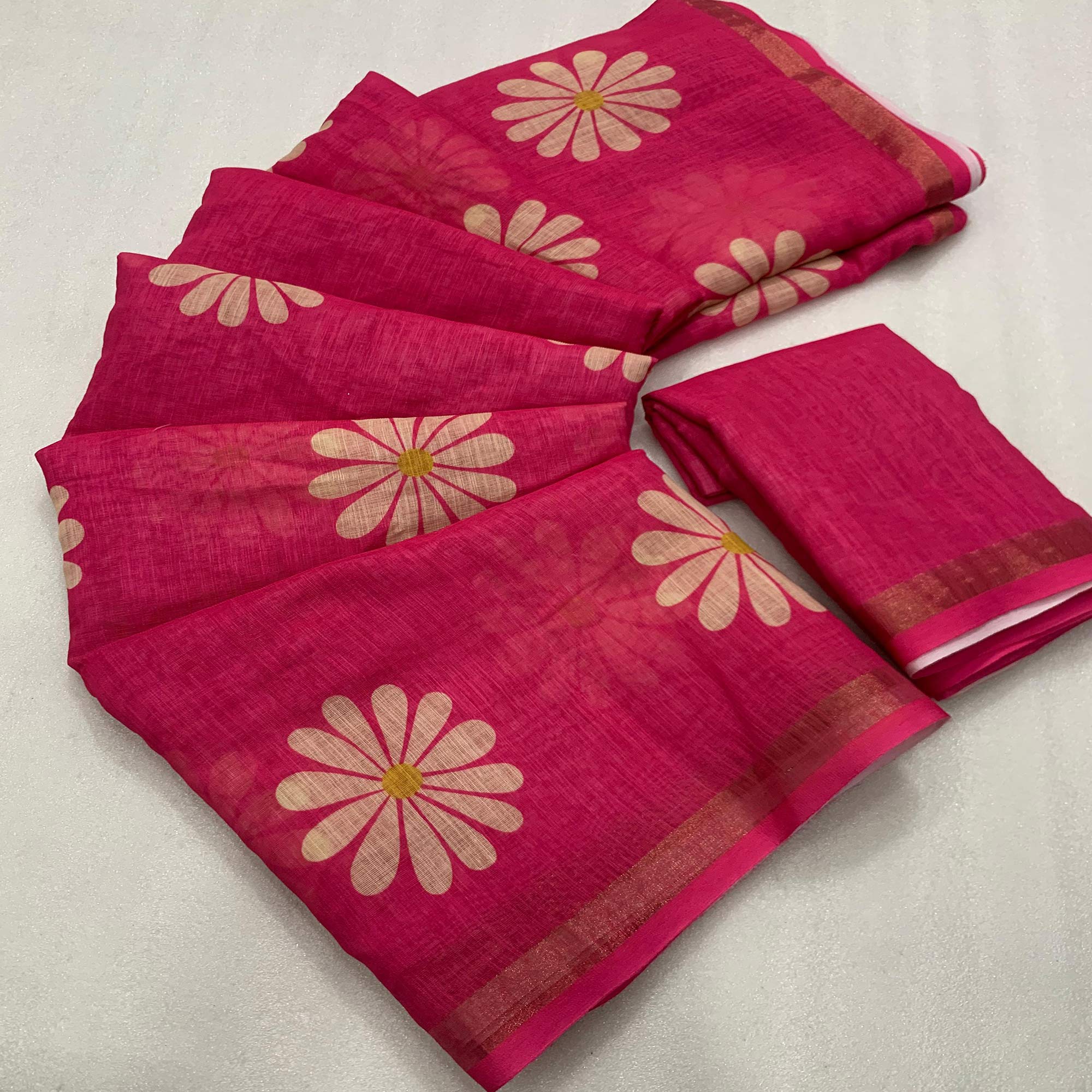 Pink Floral Printed Linen Silk Saree With Tassels