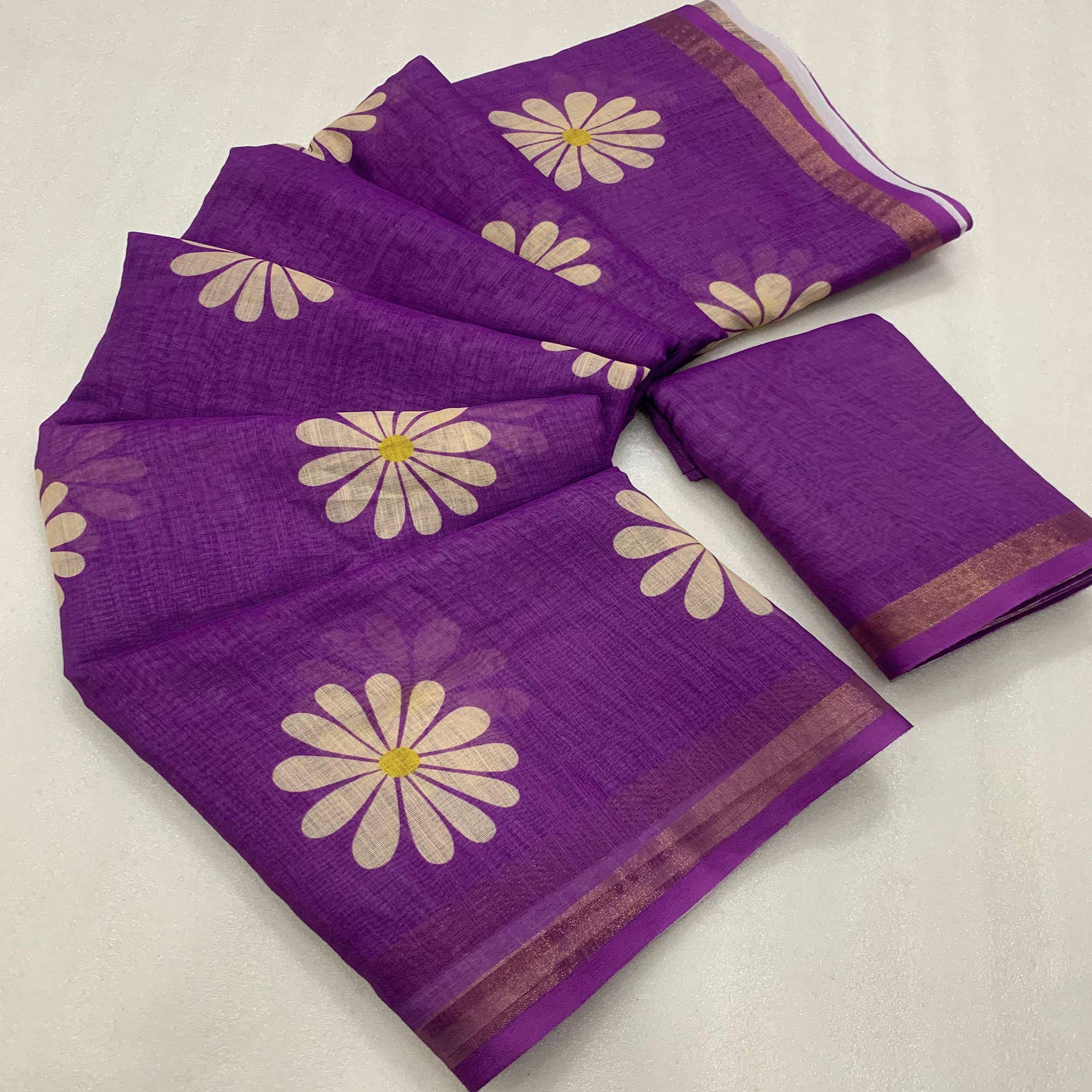 Purple Floral Printed Linen Silk Saree With Tassels