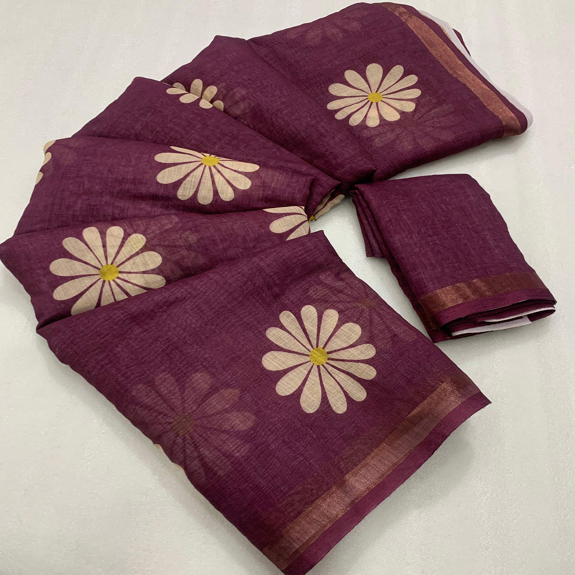 Wine Floral Printed Linen Silk Saree With Tassels