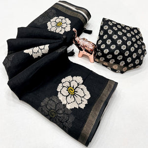 Graceful Black Floral Printed Saree in Linen Silk with Delicate Tassel Accents