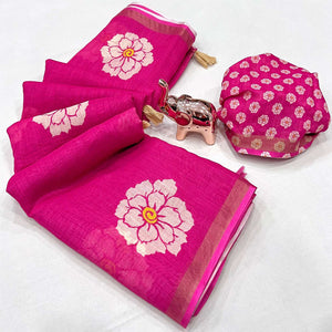 Graceful Rani Pink Floral Printed Saree in Linen Silk with Delicate Tassel Accents