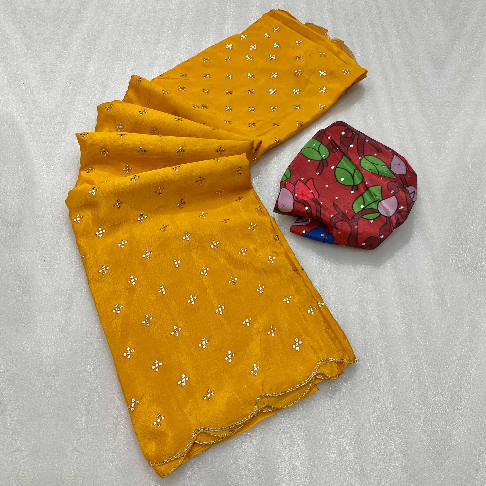 Mustard Mukaish Work Chinon Saree