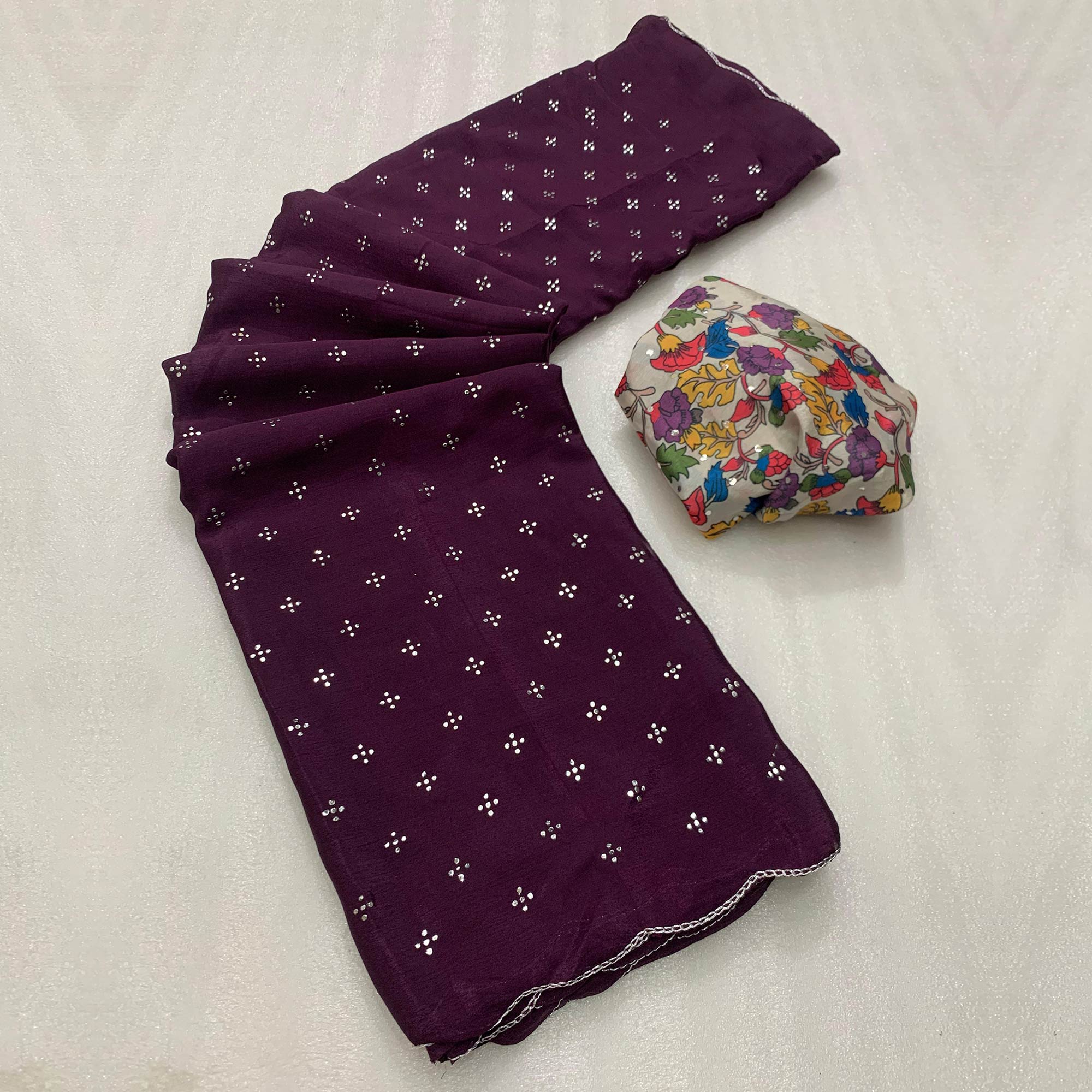 Wine Mukaish Work Chinon Saree