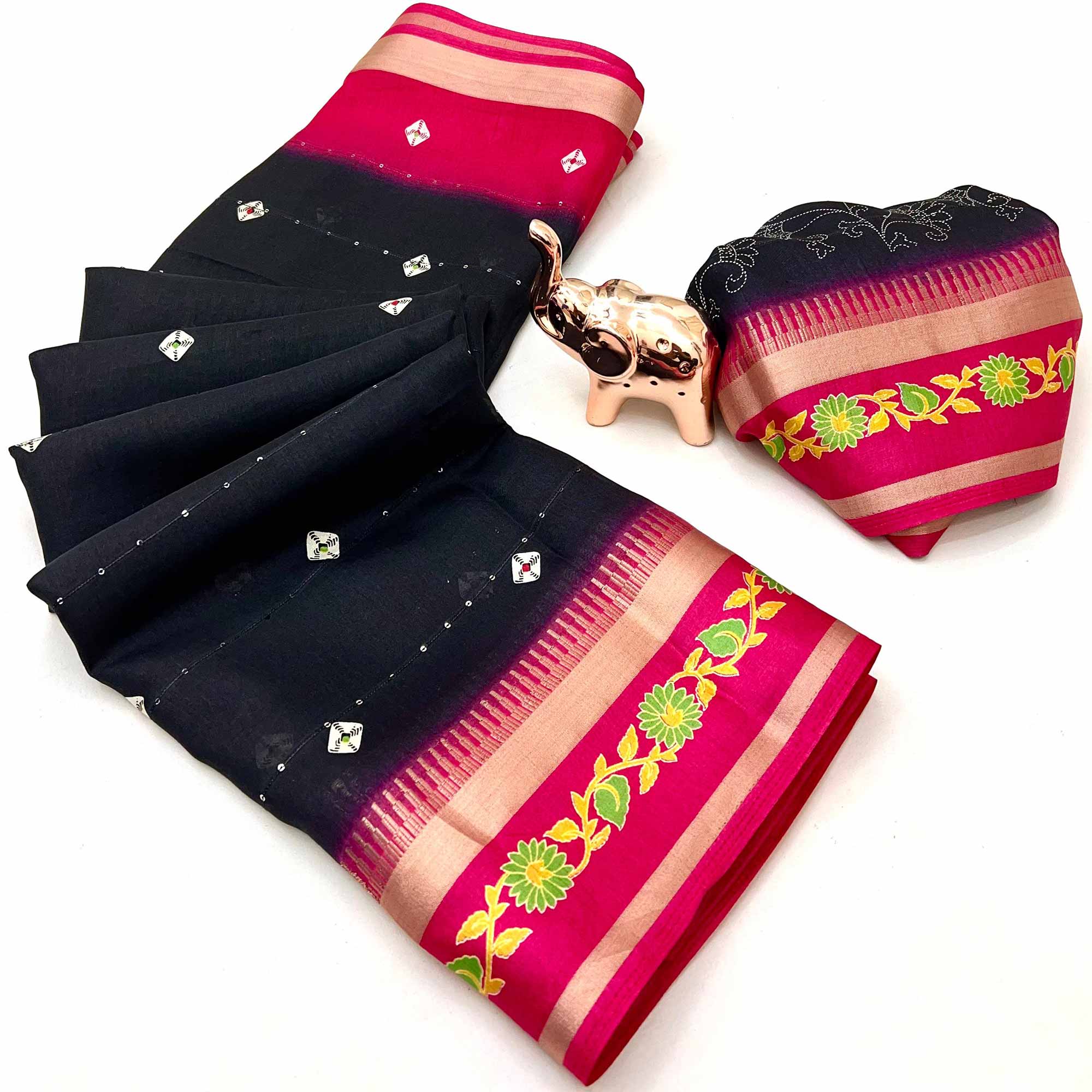 Stylish Black Cotton Blend Saree Featuring Bandhani & Floral Prints With Sparkling Sequins