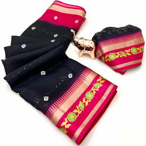 Stylish Black Cotton Blend Saree Featuring Bandhani & Floral Prints With Sparkling Sequins