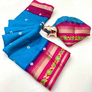 Stylish Blue Cotton Blend Saree Featuring Bandhani & Floral Prints With Sparkling Sequins