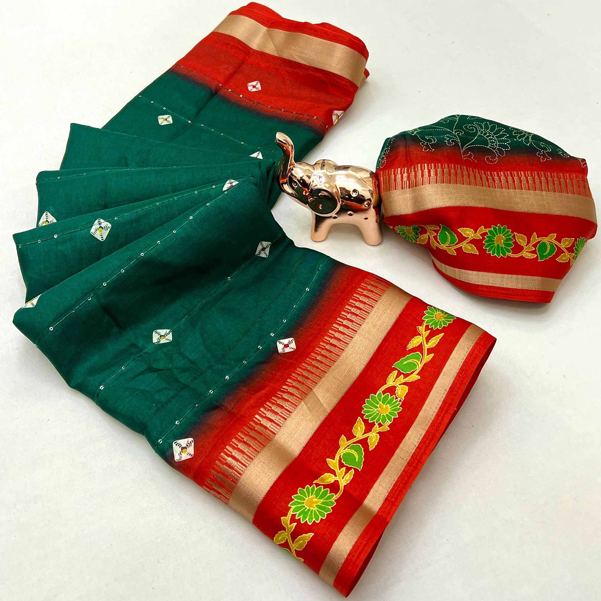 Stylish Green Cotton Blend Saree Featuring Bandhani & Floral Prints With Sparkling Sequins