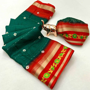 Stylish Green Cotton Blend Saree Featuring Bandhani & Floral Prints With Sparkling Sequins