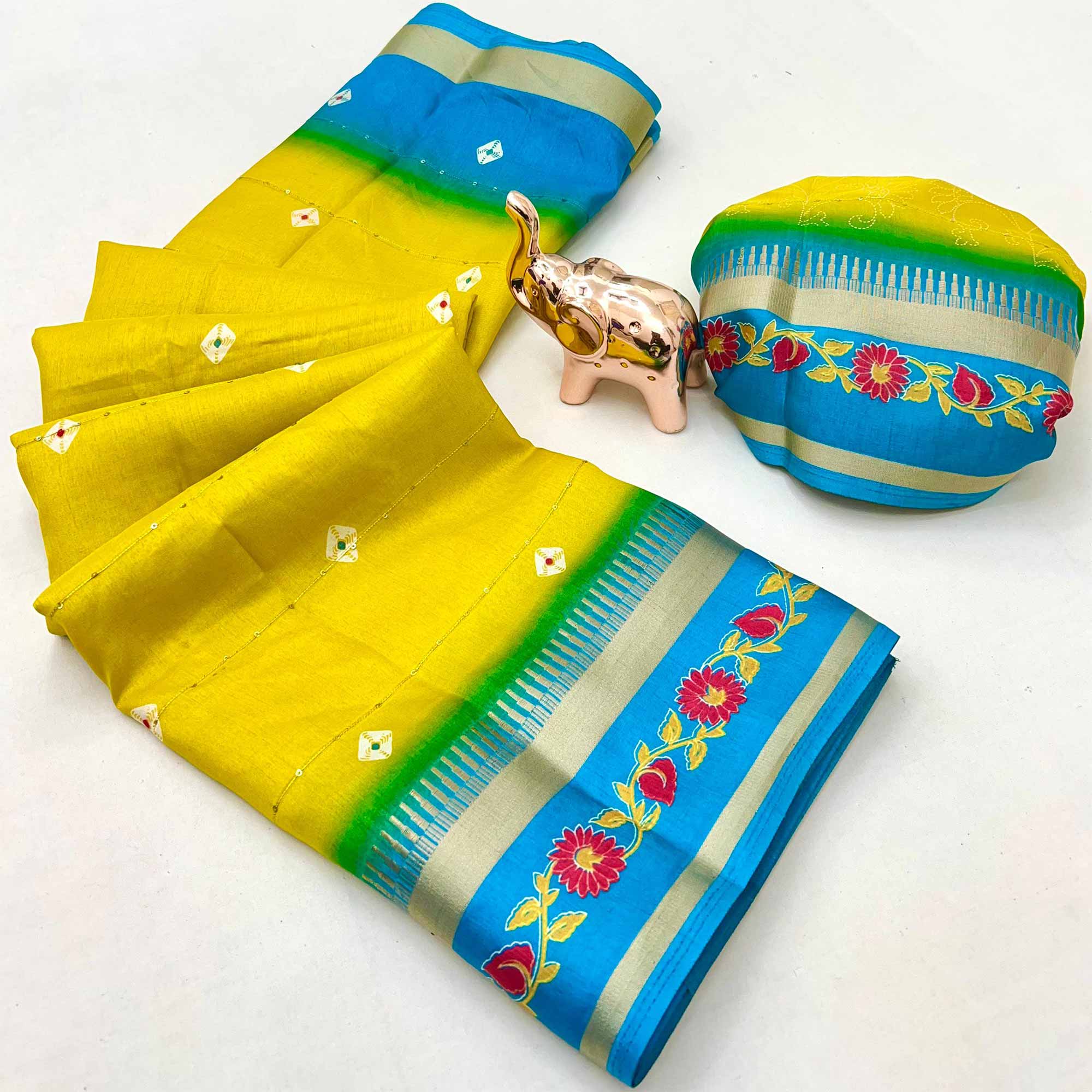 Stylish Lemon Yellow Cotton Blend Saree Featuring Bandhani & Floral Prints With Sparkling Sequins