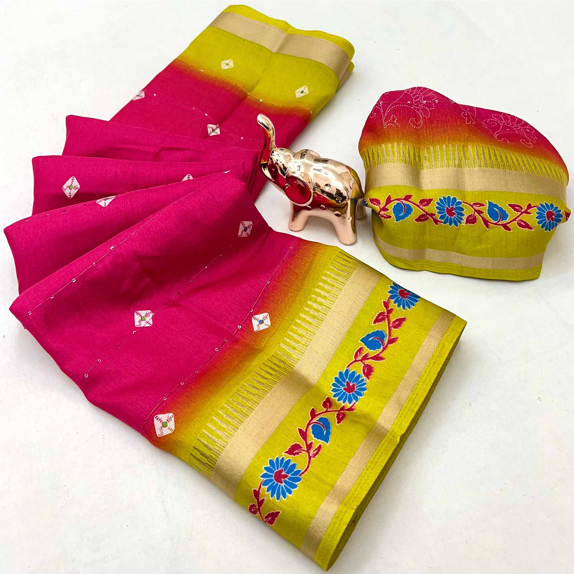 Stylish Rani Pink Cotton Blend Saree Featuring Bandhani & Floral Prints With Sparkling Sequins