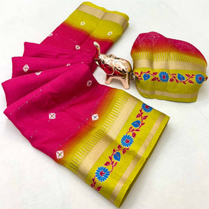 Stylish Rani Pink Cotton Blend Saree Featuring Bandhani & Floral Prints With Sparkling Sequins
