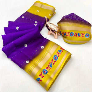 Stylish Roayl Purple Cotton Blend Saree Featuring Bandhani & Floral Prints With Sparkling Sequins
