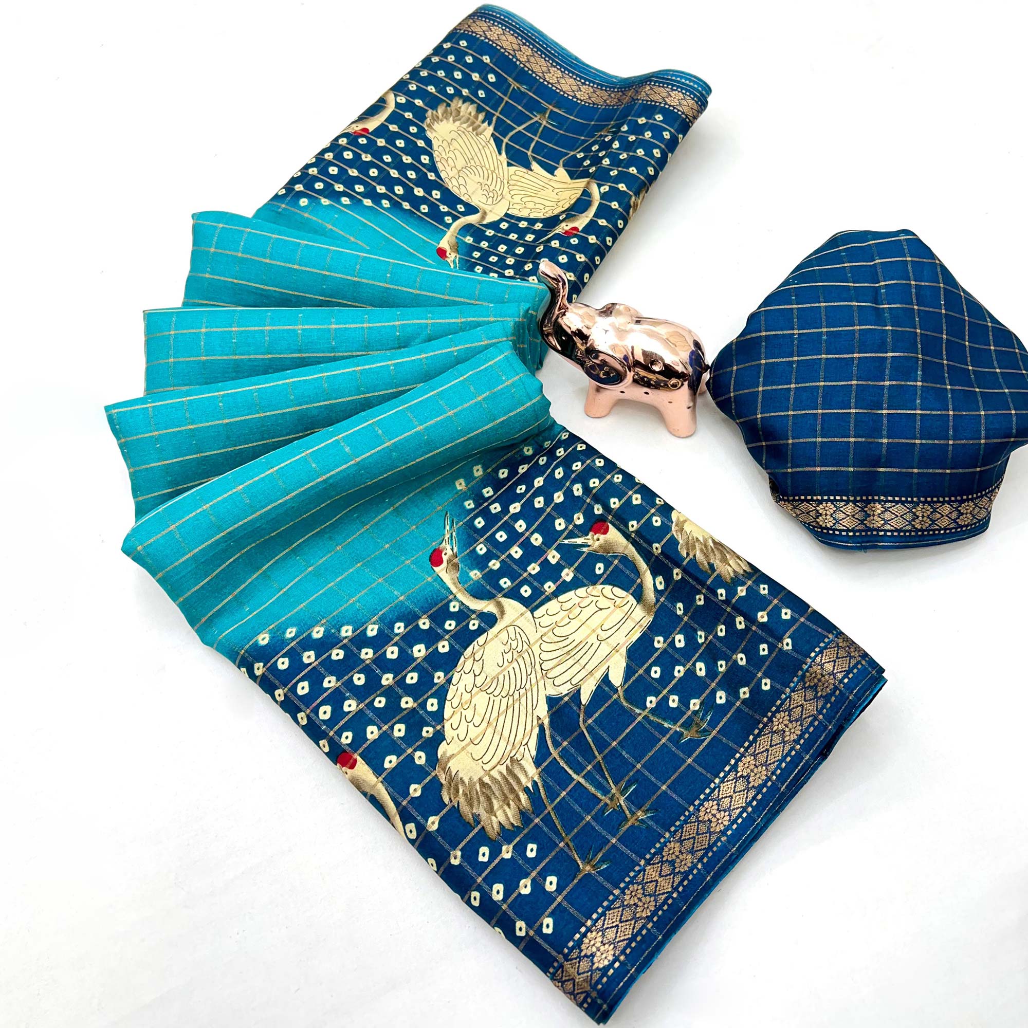 Elegant Blue Checks Weaving Tussar Silk Blend Saree Adorned With Artistic Bird Prints