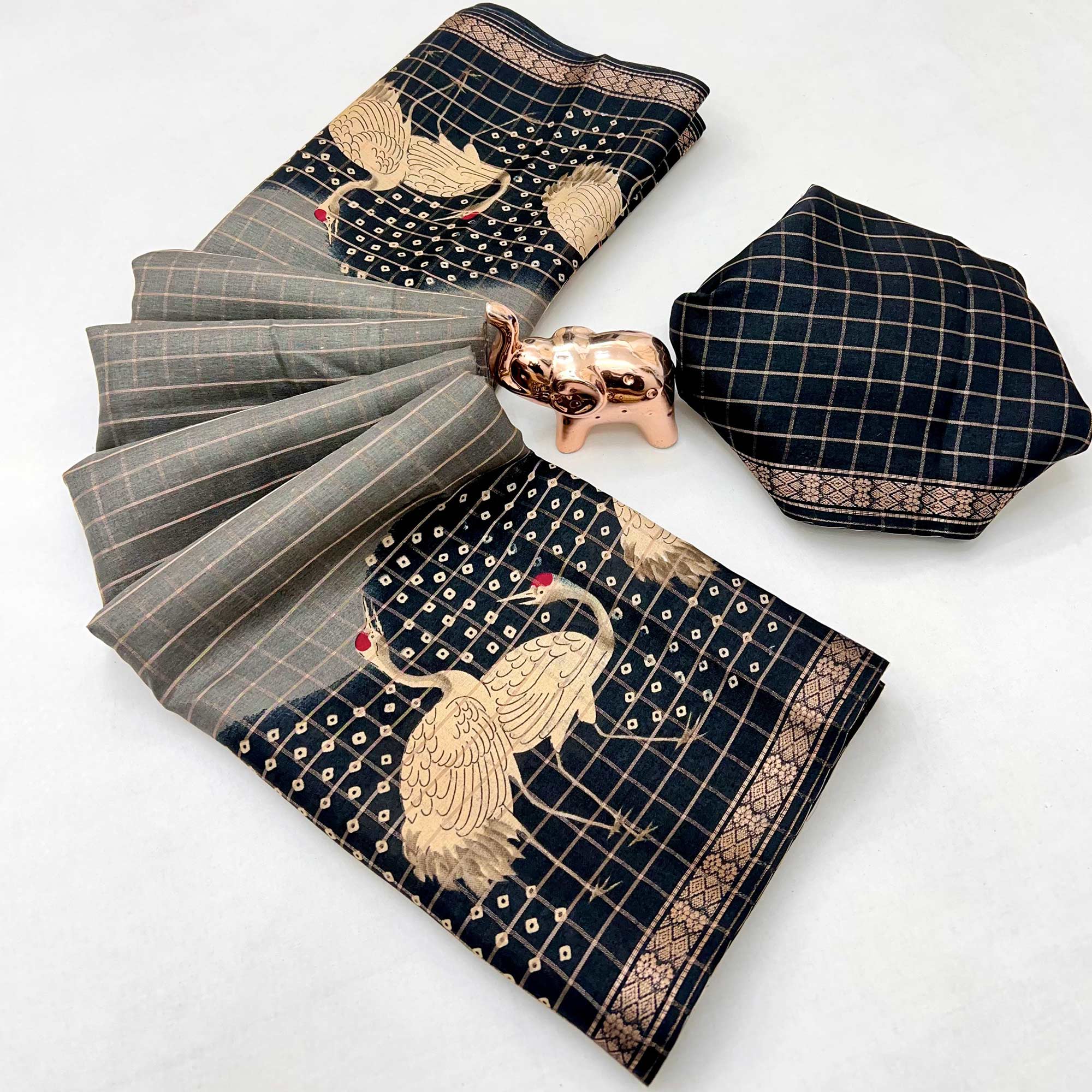 Elegant Grey & Black Checks Weaving Tussar Silk Blend Saree Adorned With Artistic Bird Prints