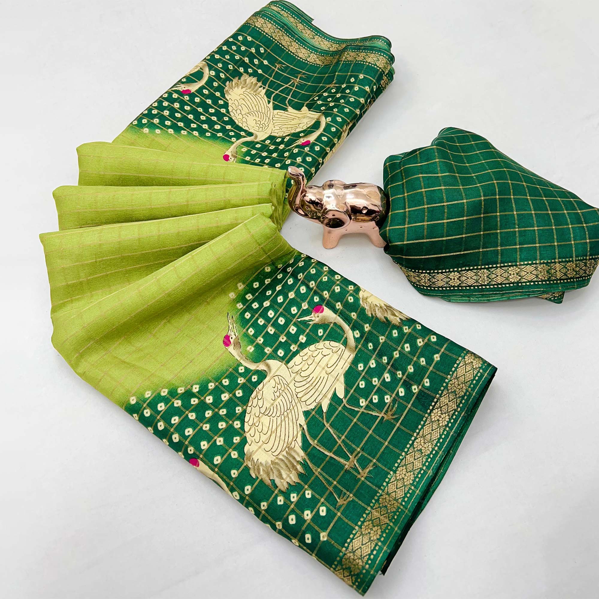 Elegant Parrot Green Checks Weaving Tussar Silk Blend Saree Adorned With Artistic Bird Prints