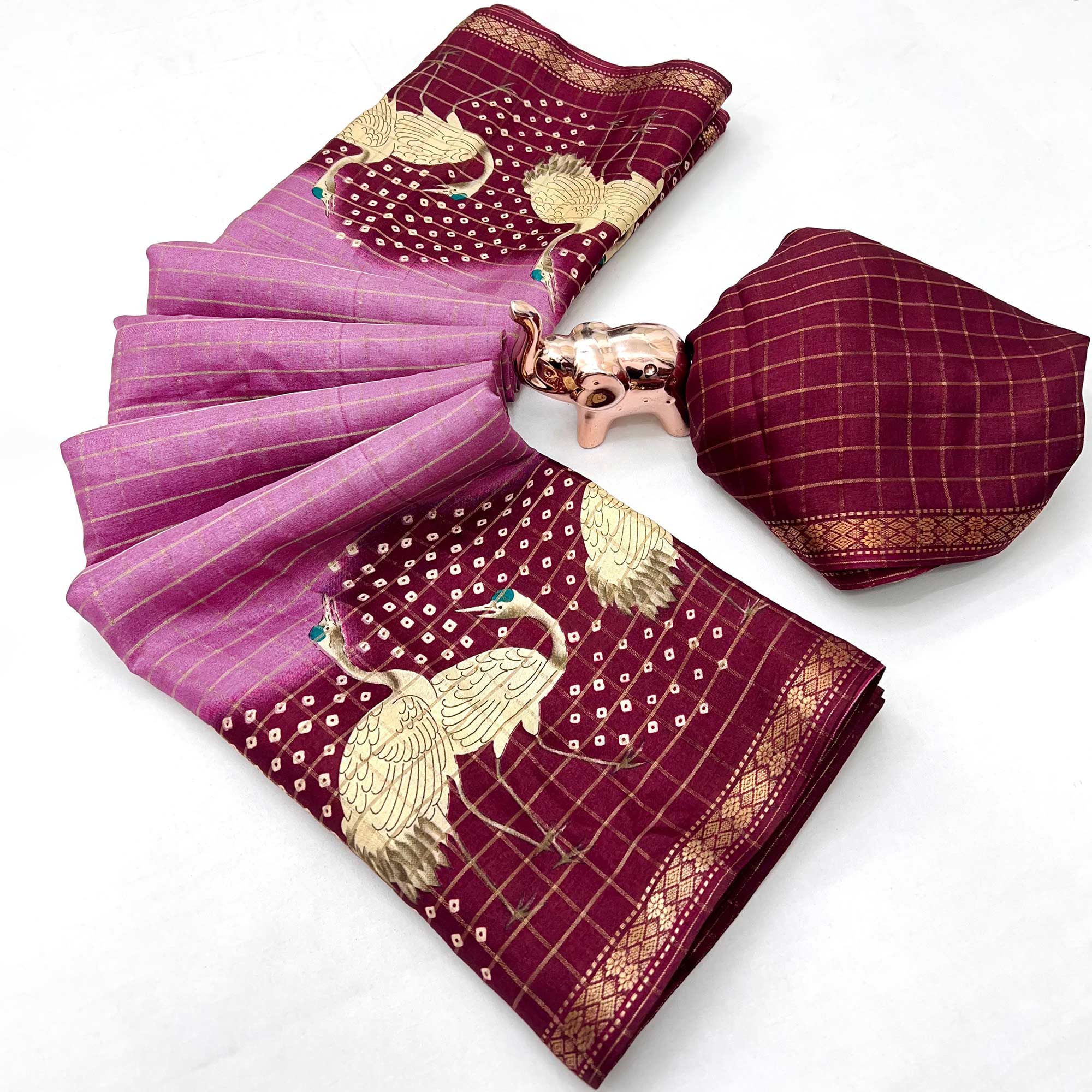 Elegant Purple & Wine Checks Weaving Tussar Silk Blend Saree Adorned With Artistic Bird Prints
