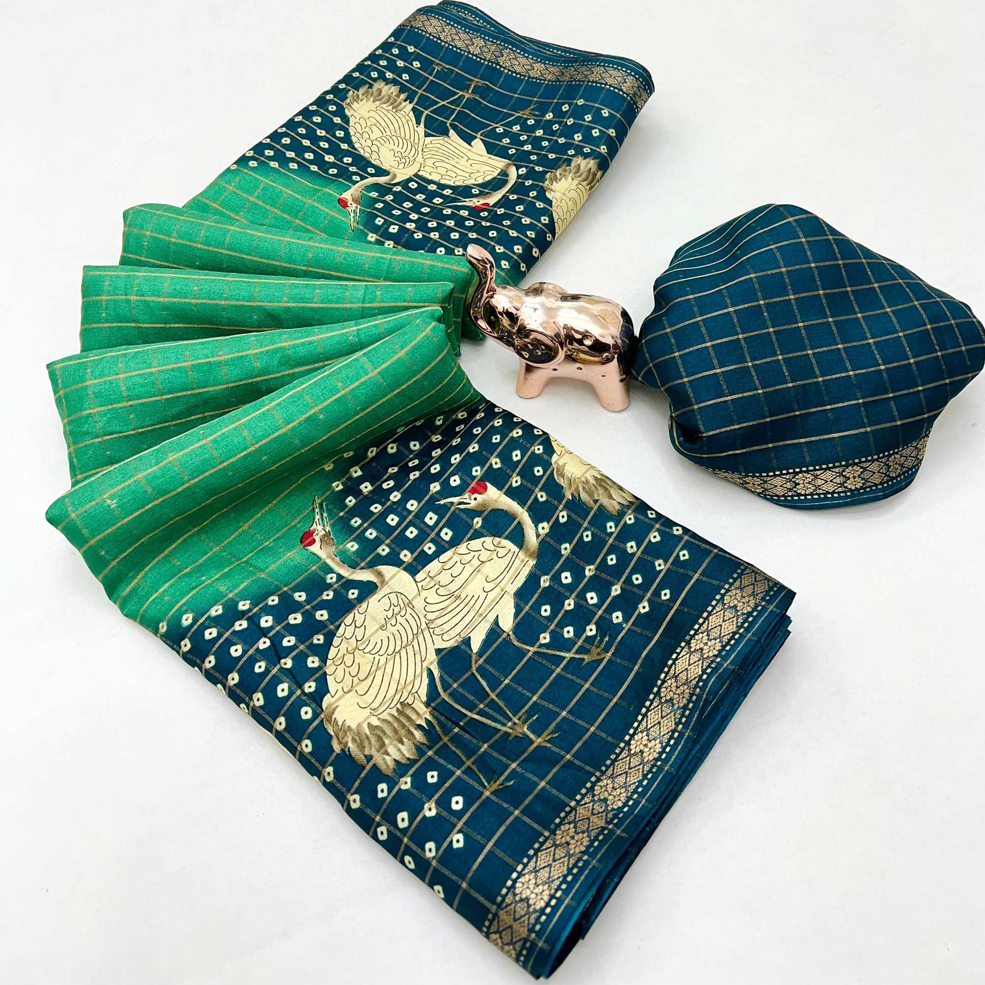 Elegant Rama Green & Blue Checks Weaving Tussar Silk Blend Saree Adorned With Artistic Bird Prints